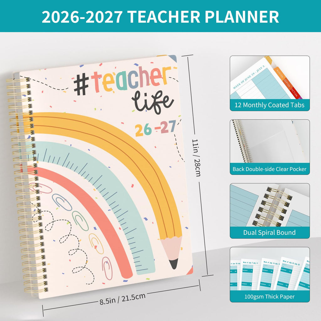 Teacher Planner 2026-2027 Academic Lesson Planner,July 2026 to June 2027, 8.5" x 11" Lesson Plan Book, Weekly and Monthly Academic Planner with Colourful Monthly Tabs