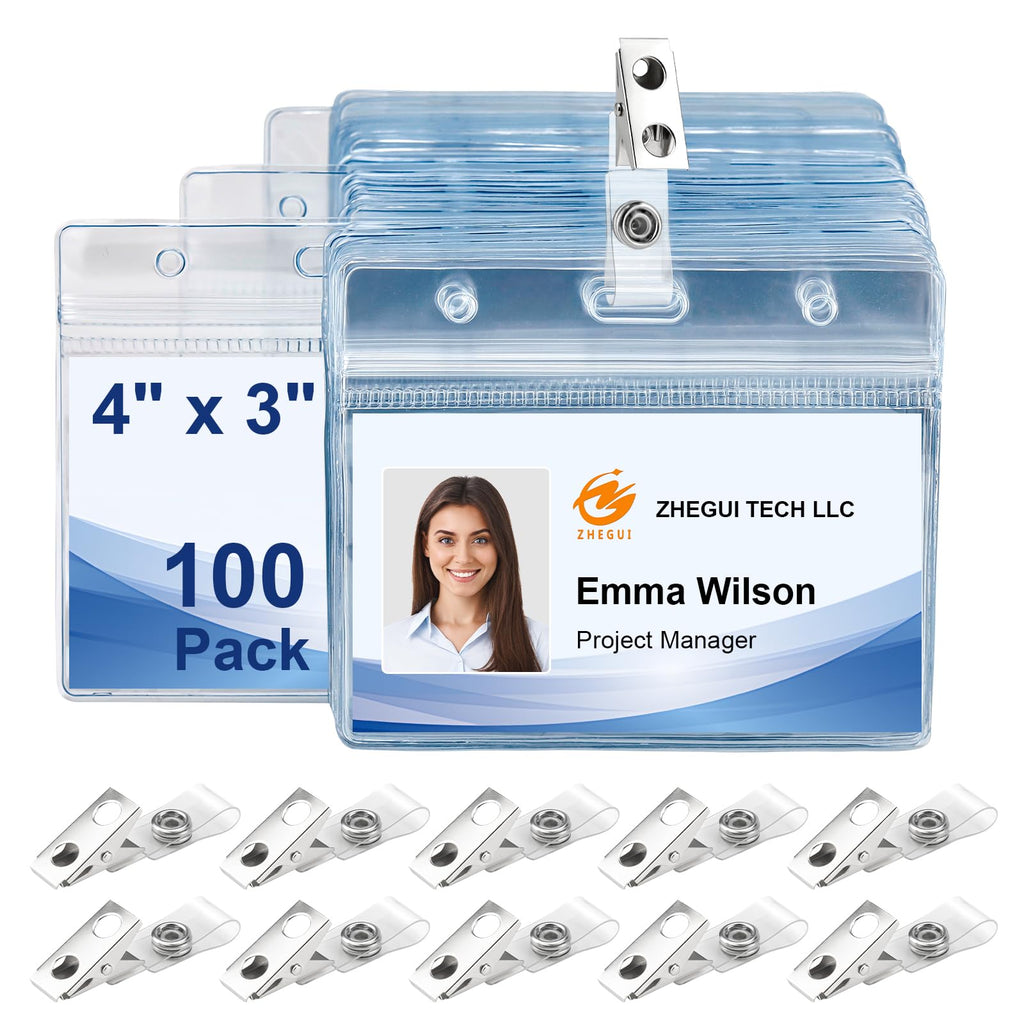 Clear Plastic Horizontal Badge Holders and Metal Badge Clips with Vinyl Straps Waterproof Name Tag PVC ID Card Holder by ZHEGUI (100 Pack, Horizontal Large 3x4)