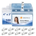 Clear Plastic Horizontal Badge Holders and Metal Badge Clips with Vinyl Straps Waterproof Name Tag PVC ID Card Holder by ZHEGUI (100 Pack, Horizontal Large 3x4)
