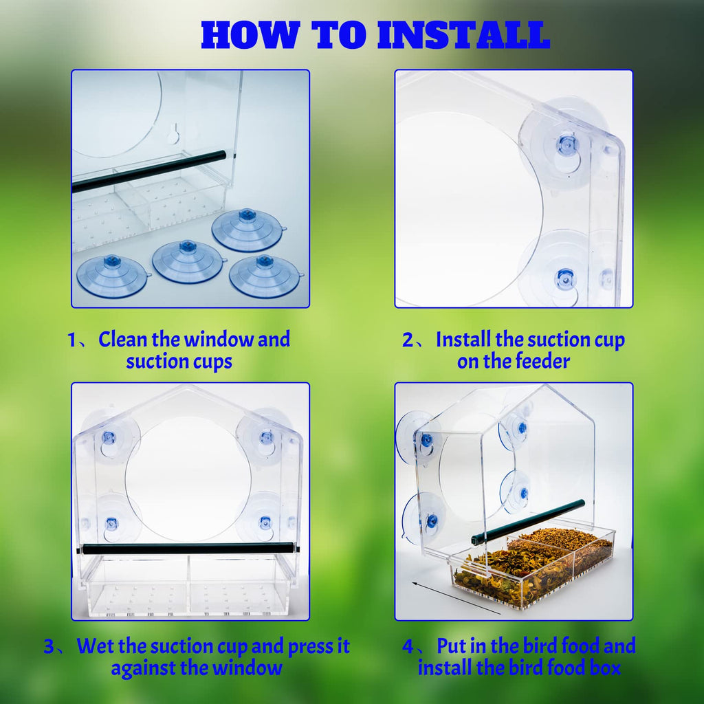 Window Bird-Feeder Birdfeeders-House Crystal Clear-Acrylic - with Strong Suction Cups and Sliding Seed Tray with Drain Drainage Holes