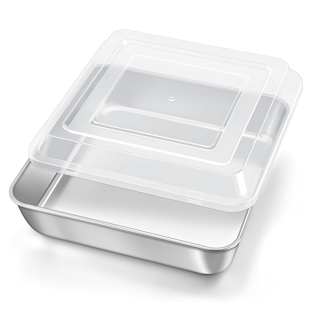 8 x 8 Inch Square Cake Pan with Lid, HaSteeL Baking Sheet with Plastic Cover, Stainless Steel Bakeware Brownie Tin Lasagna Pan, Healthy & Non-Toxic, Matte Finish & Dishwasher Safe, 1 Pan + 1 Lid