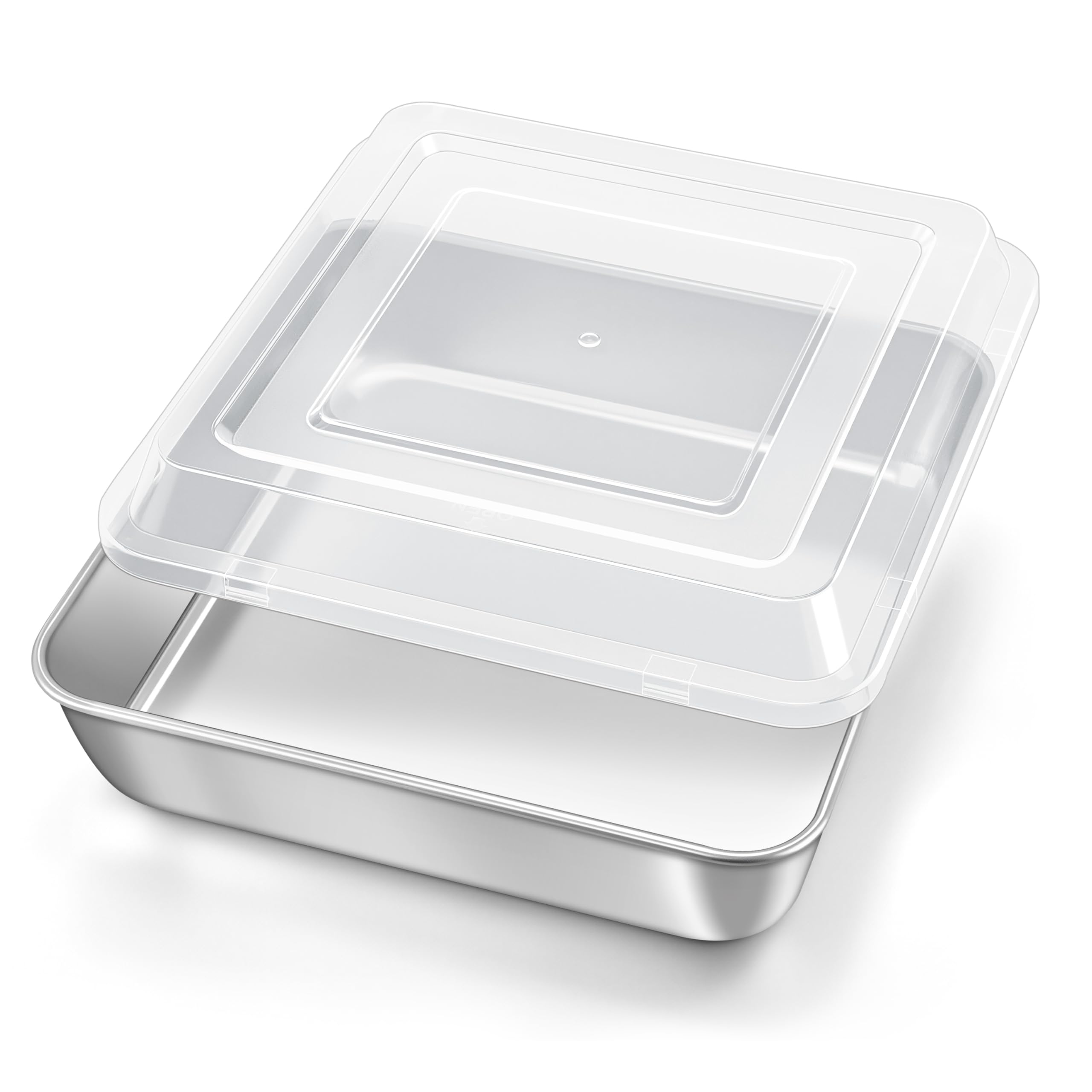 8 x 8 Inch Square Cake Pan with Lid, HaSteeL Baking Sheet with Plastic Cover, Stainless Steel Bakeware Brownie Tin Lasagna Pan, Healthy & Non-Toxic, Matte Finish & Dishwasher Safe, 1 Pan + 1 Lid