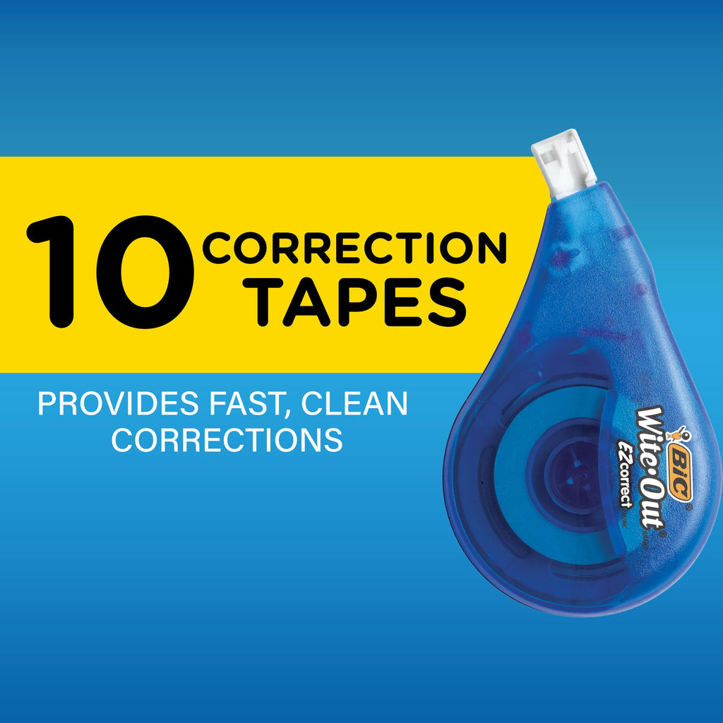 BIC Wite-Out EZ Correct Correction Tape, White, No Dry Time, Tear Resistant Tape, 10-Count