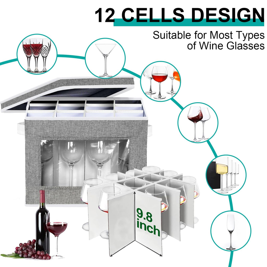 2 Pack Stemware Storage Cases, Wine Glass Storage Box with Dividers, China Crystal Glass Storage Containers Organizer for 24 Glassware Moving and Protection (Grey)