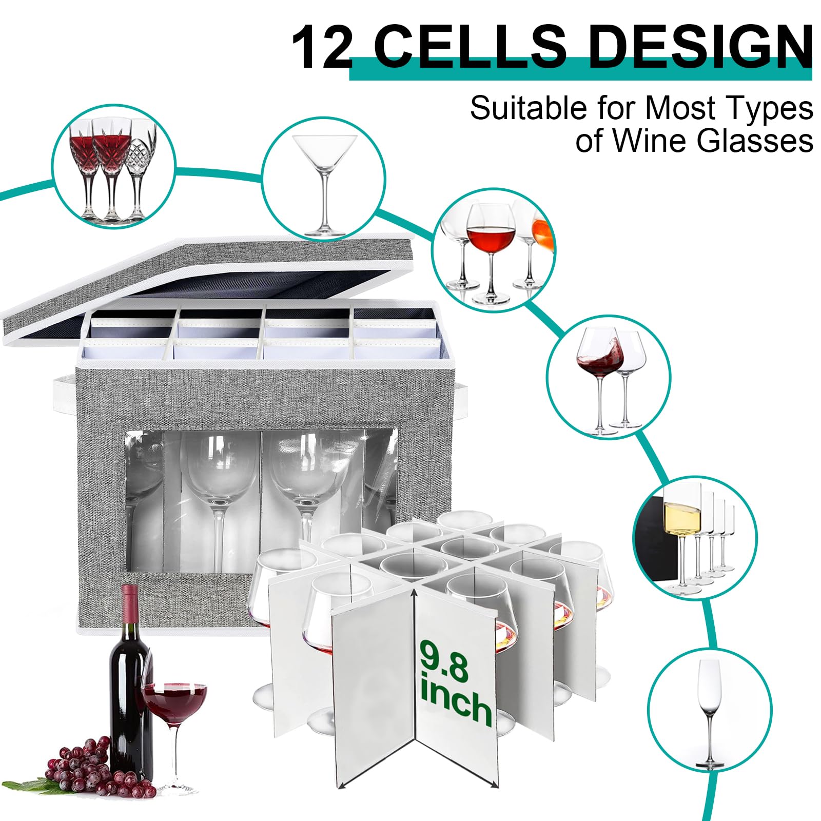 2 Pack Stemware Storage Cases, Wine Glass Storage Box with Dividers, China Crystal Glass Storage Containers Organizer for 24 Glassware Moving and Protection (Grey)