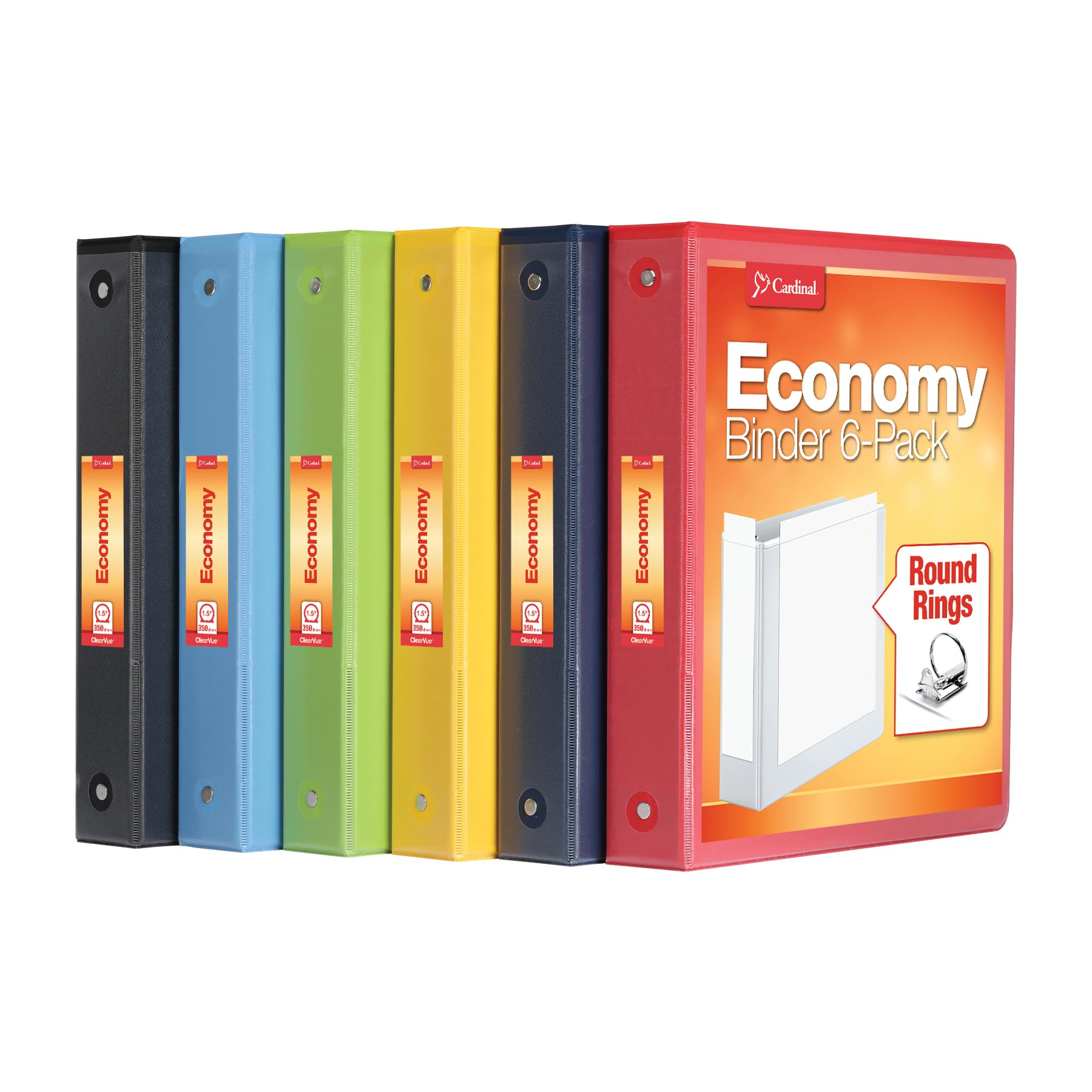 Cardinal Binders, 1.5 Inch Round Ring, 6 Pack, ClearVue Presentation View, Holds 350 Sheets, Non-Stick, XtraLife Hinge, Assorted Bright Colors, for School, Office, and Home Organization