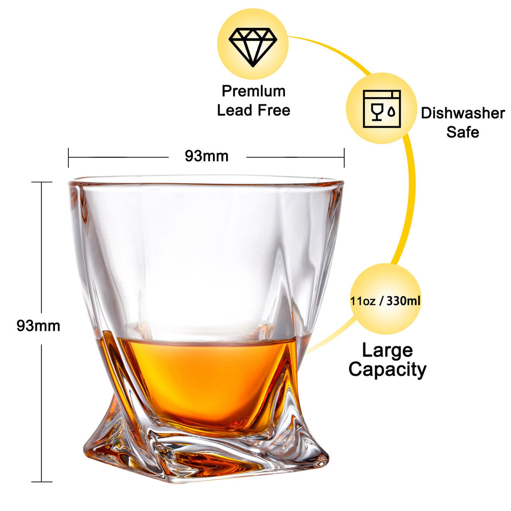 Whiskey Rocks Glass, Set of 4 (2 Crystal Bourbon Glasses, 2 Round Big Ice Ball Molds) in Gift Box - 11 Oz Old Fashioned Glasses for Scotch Cocktail Rum Cognac Vodka Liquor, Unique Gifts for Men…
