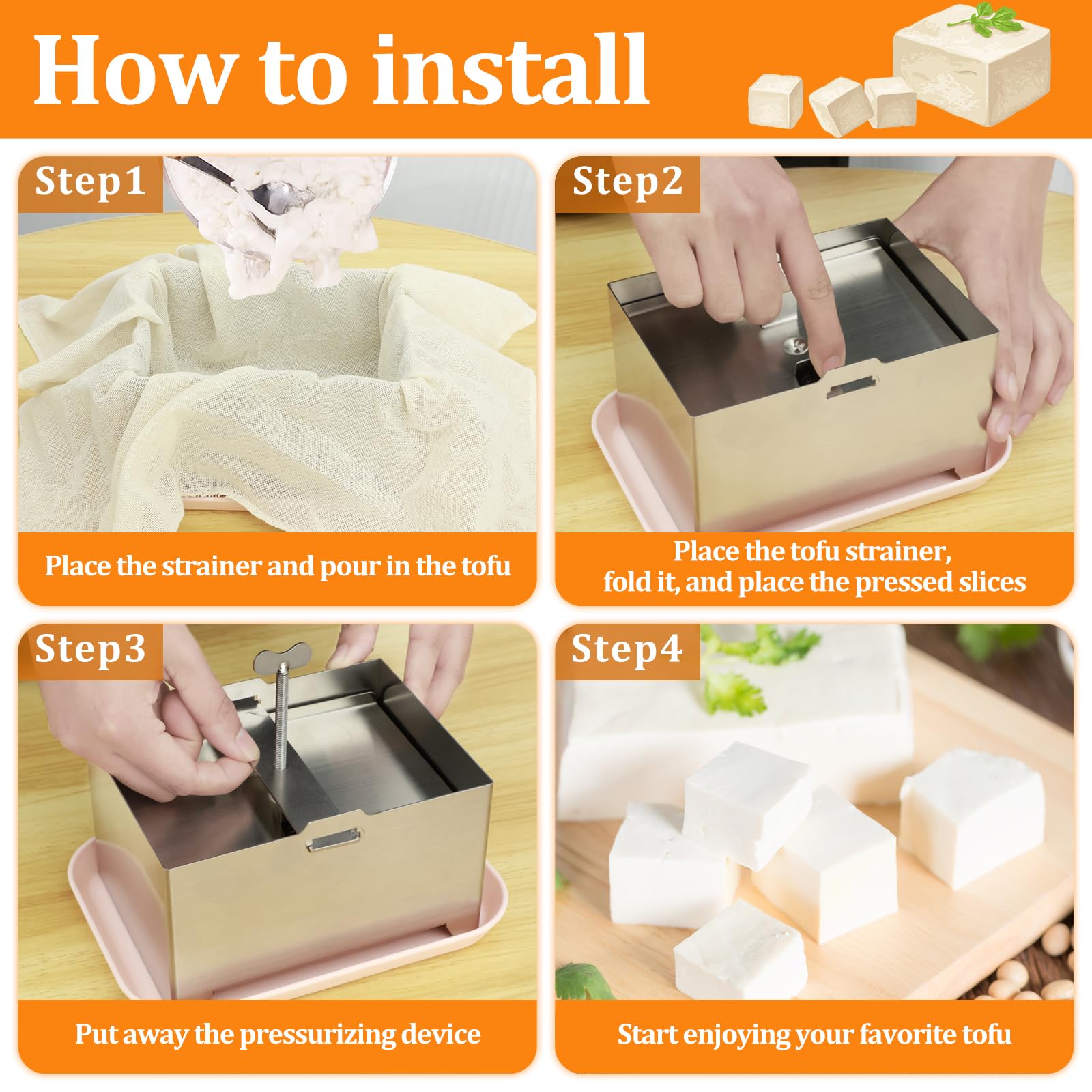 Tofu Press Stainless Steel Tofu Maker Press Mold Kit with Tofu Presser Towel & Drip Tray Tofu Maker for Quick Water Removal in 10-30 Min Drain, Versatile for Paneer Maker & Cheese Press