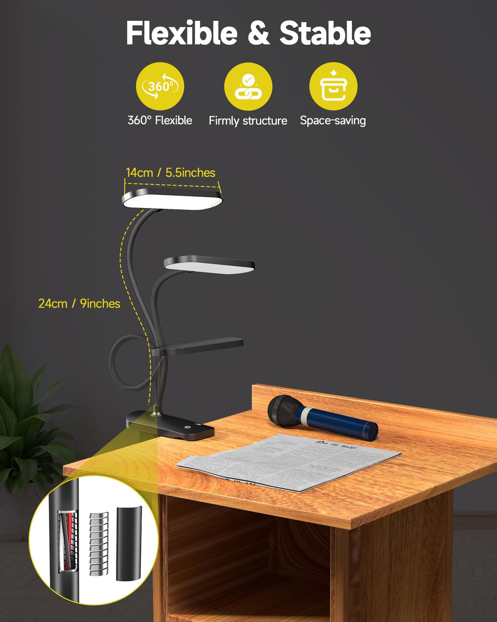 CUHIOY Desk Lamp Clip on Reading Light, USB-C Battery-Operated Rechargeable Table Lamps with Clamp for Dorm Home Office, 38LEDs Bed Headboard Light, 5 Colors 5 Brightness, Flexible Gooseneck（Black）