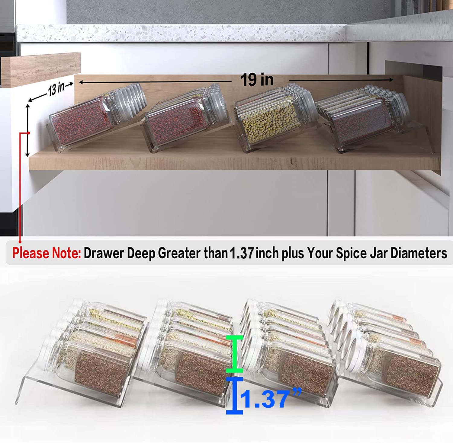 4 Pcs Spice Drawer Organizer, 1 Set 4 Tier Clear Acrylic Expandable In-Drawer Seasoning Jars Rack, Kitchen Drawer Spice Insert Tray for Cabinet/Countertop