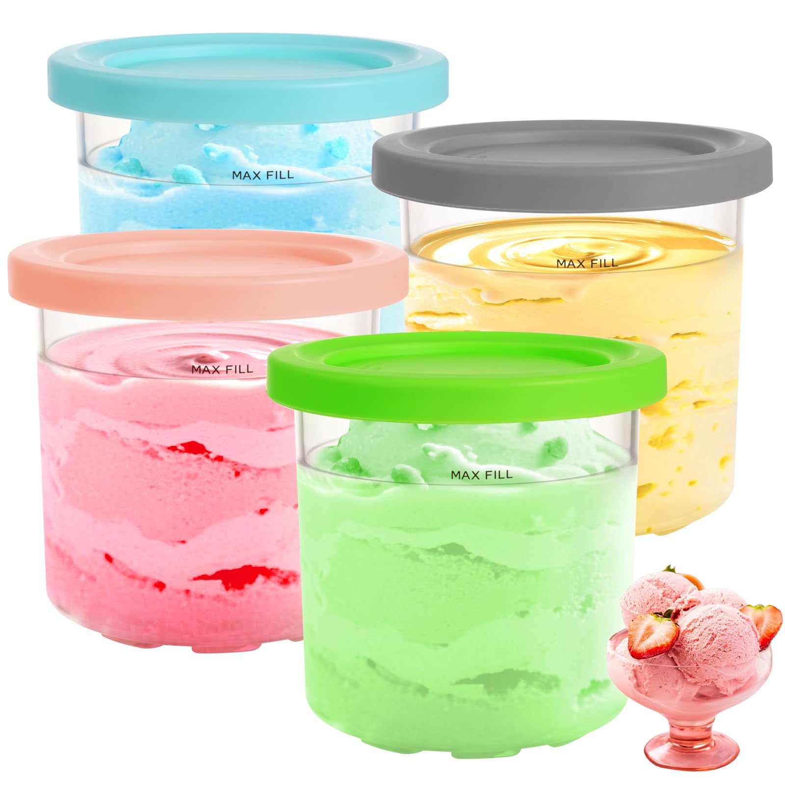 GKAKITSP 4 Pack Pints Containers and Lids Compatible with Ninja NC299 NC300 NC301 CREAMi Ice Cream Maker, BPA-Free & Dishwasher Safe, 4 Colors