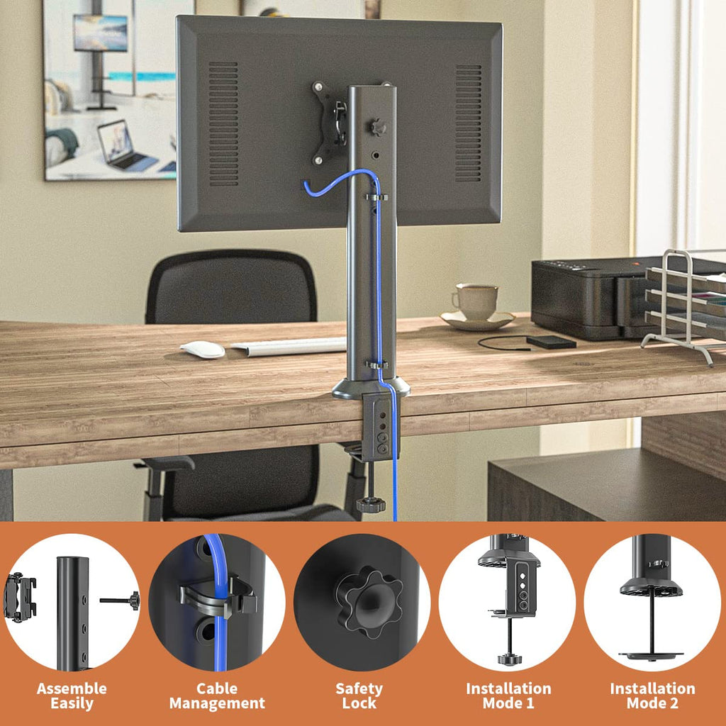 HEMUDU Single Desk Monitor Arm Mount Stand Fit for 13 inch to 32 inch Flat Curved Computer Screen with Swivel, Height Adjustable, Rotation,Holds up to 77lbs, Black