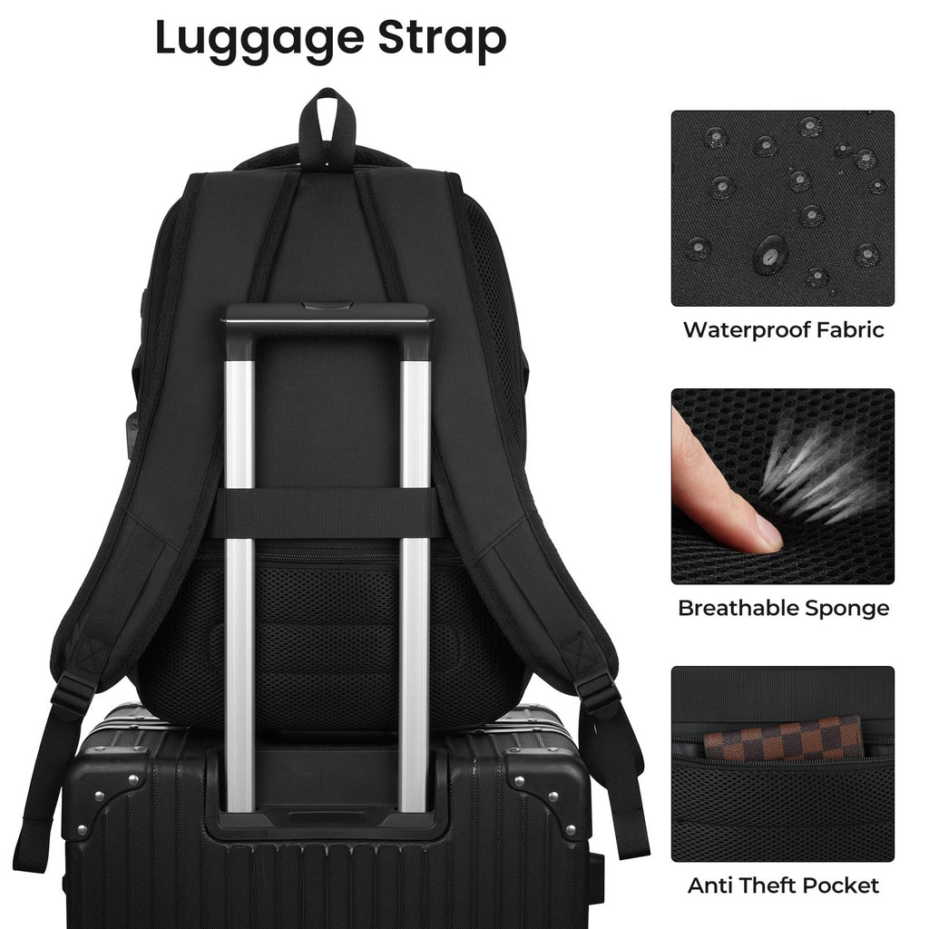 YAMTION Black Backpack for Men and Women, Laptop Backpack with USB Charging Port, School Backpack for Boys and Girls, Lightweight Bookbag, Work Backpack Fits 15.6 Inch Notebook