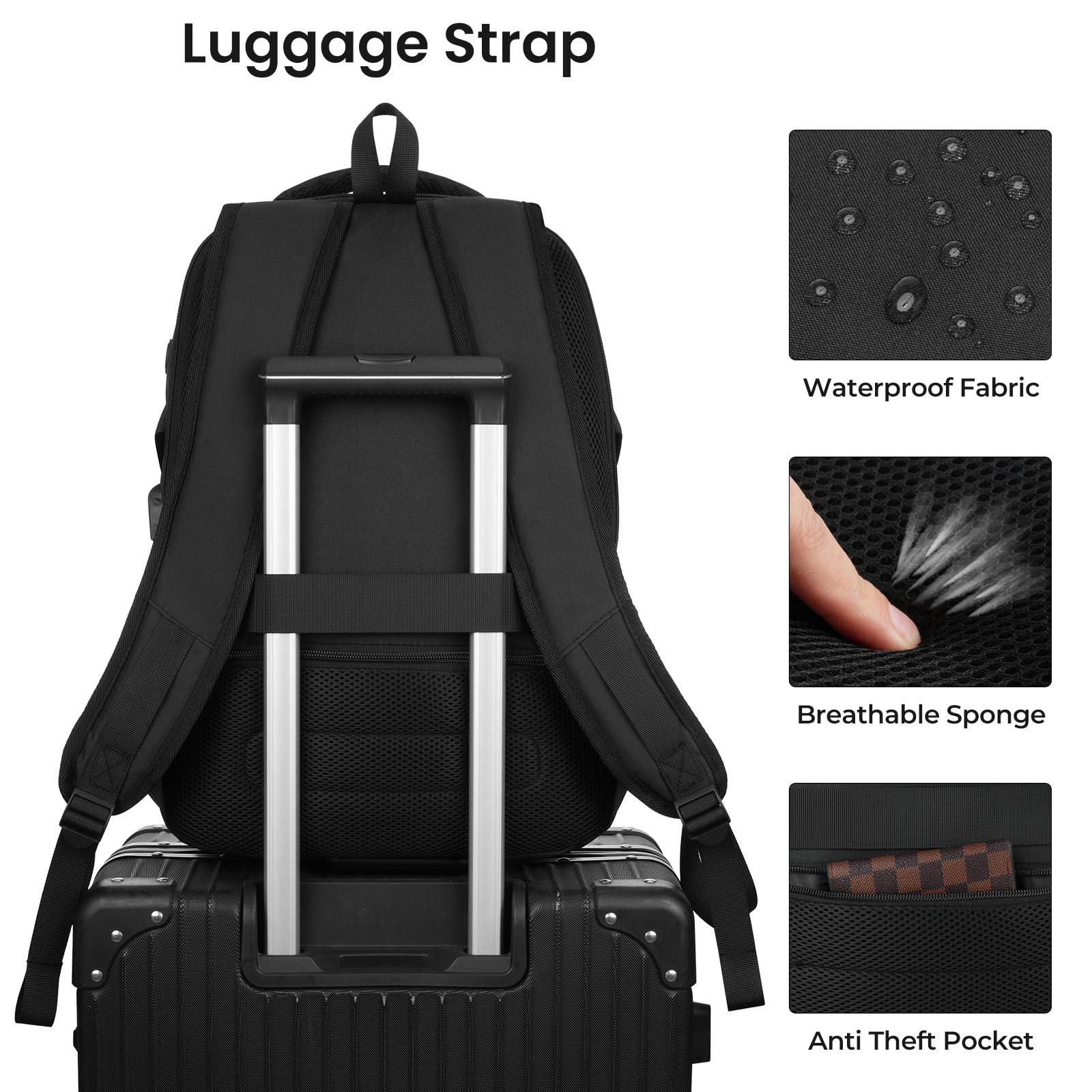 YAMTION Black Backpack for Men and Women, Laptop Backpack with USB Charging Port, School Backpack for Boys and Girls, Lightweight Bookbag, Work Backpack Fits 15.6 Inch Notebook