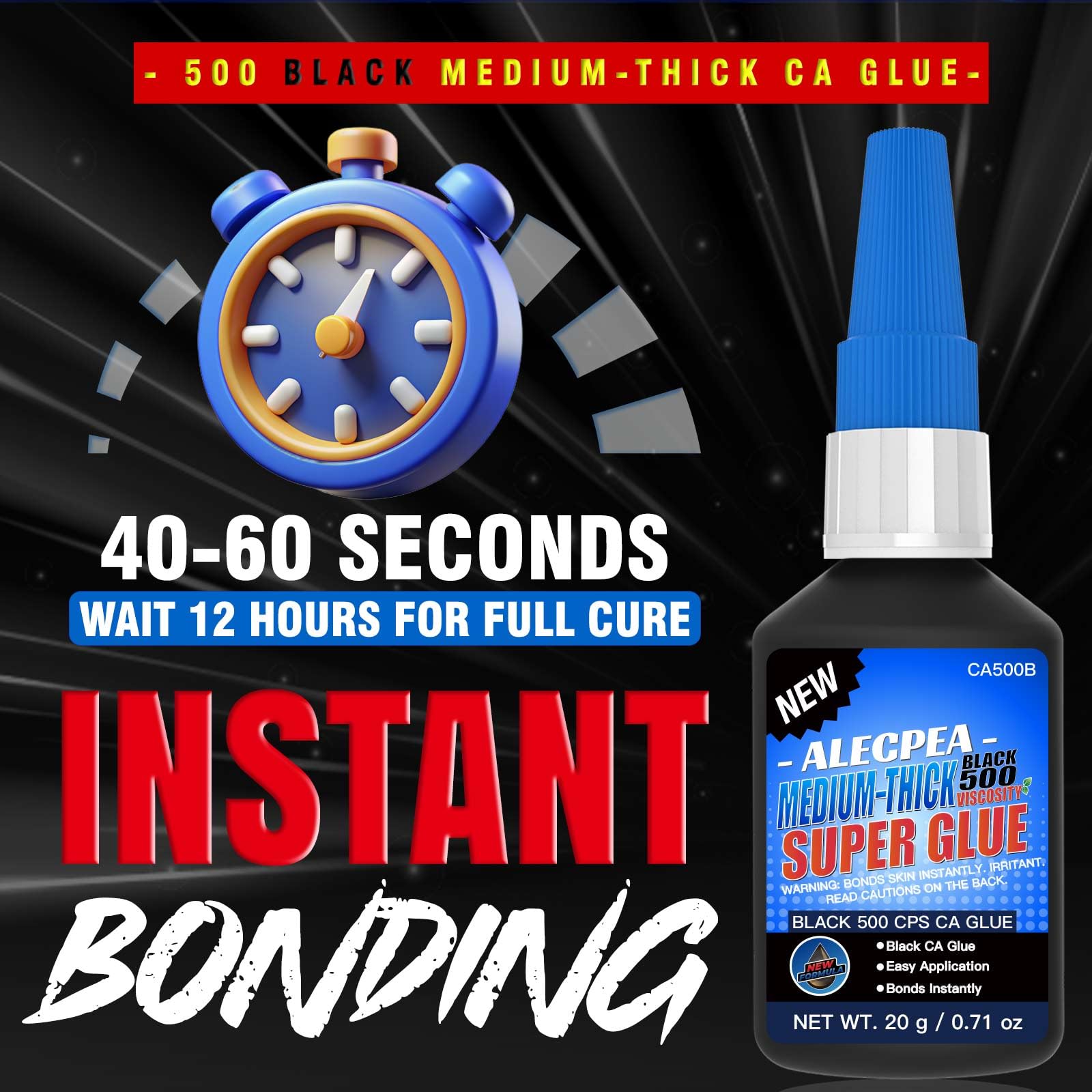 20g Black Medium-Thick CA Glue (150 CPS),Premium Cyanoacrylate Super Glue for Wood, Glass, Metal, Paper, Leather, Plastic, Ceramic, Rubber, Jewelry, Woodworking, Hobby Models, and Craft Project