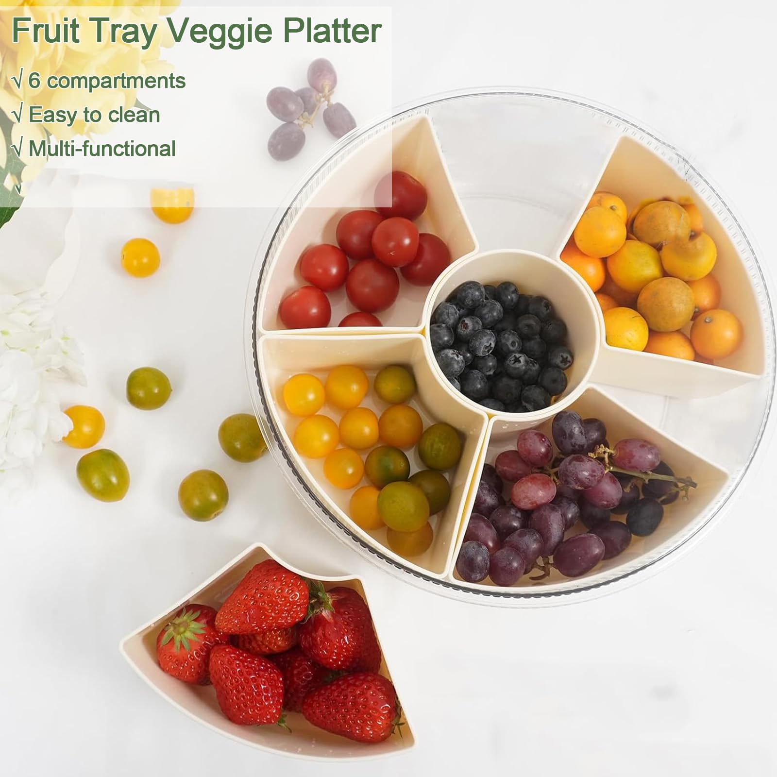 STORICANS Rotating Snack Box Container, Divided Serving Tray with Lid and Handle, Snack Organizer for Adults Fruit Tray, Veggie Tray, Perfect for Party, Entertaining 1 Pack