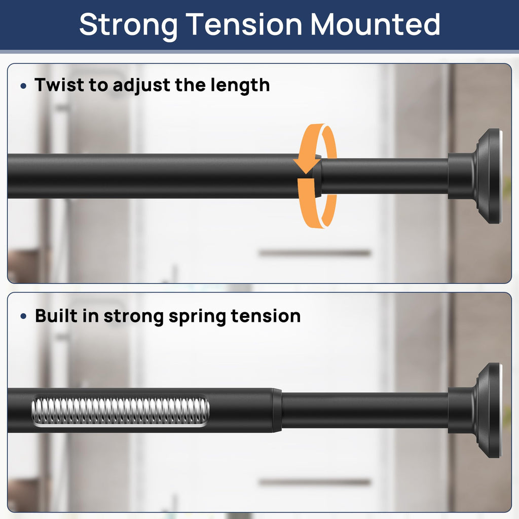 Matte Black Shower Curtain Rod Tension 30 to 76 Inches Never Rust Non-Slip Spring Tension Shower Rod No Drilling Stainless Steel Curtain Pole Use Bathroom, Closet, Window, Room Divider