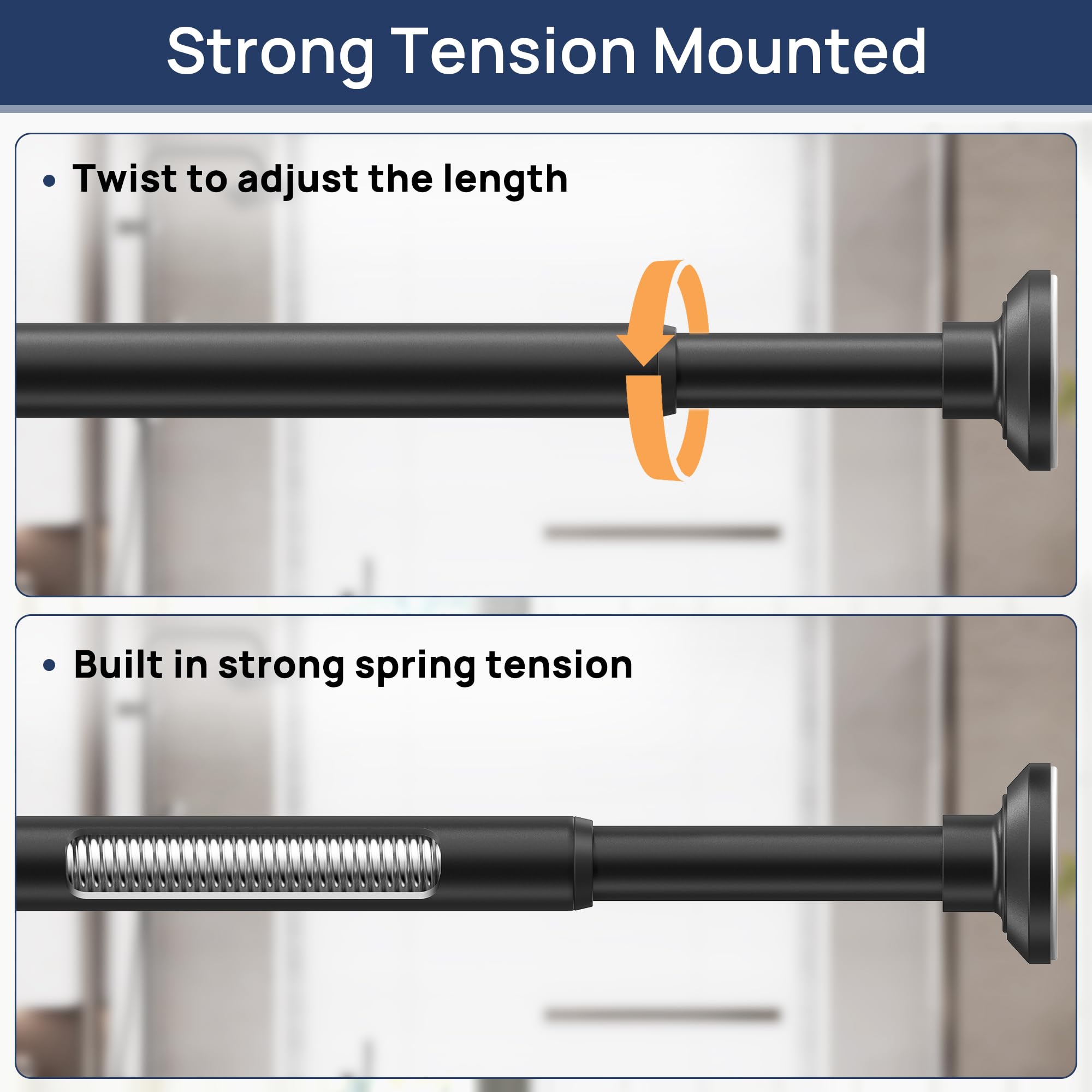 Matte Black Shower Curtain Rod Tension 30 to 76 Inches Never Rust Non-Slip Spring Tension Shower Rod No Drilling Stainless Steel Curtain Pole Use Bathroom, Closet, Window, Room Divider