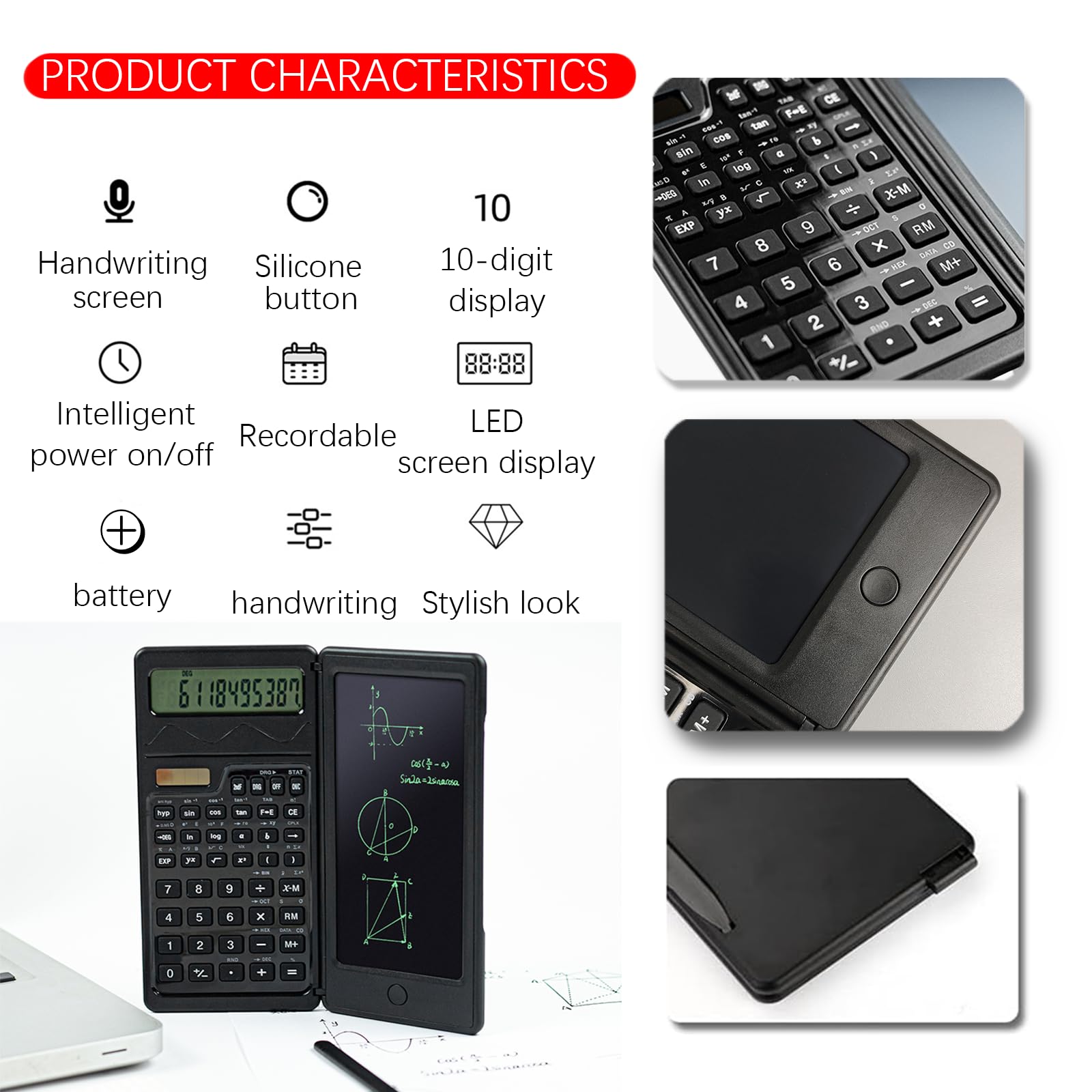 Scientific Calculator, Smart Folding Portable Scientific Function Calculator, 10-Digit LCD Solar Rechargeable Calculator with Erasable Writing Board, Versatile Silent Learning for Office and School