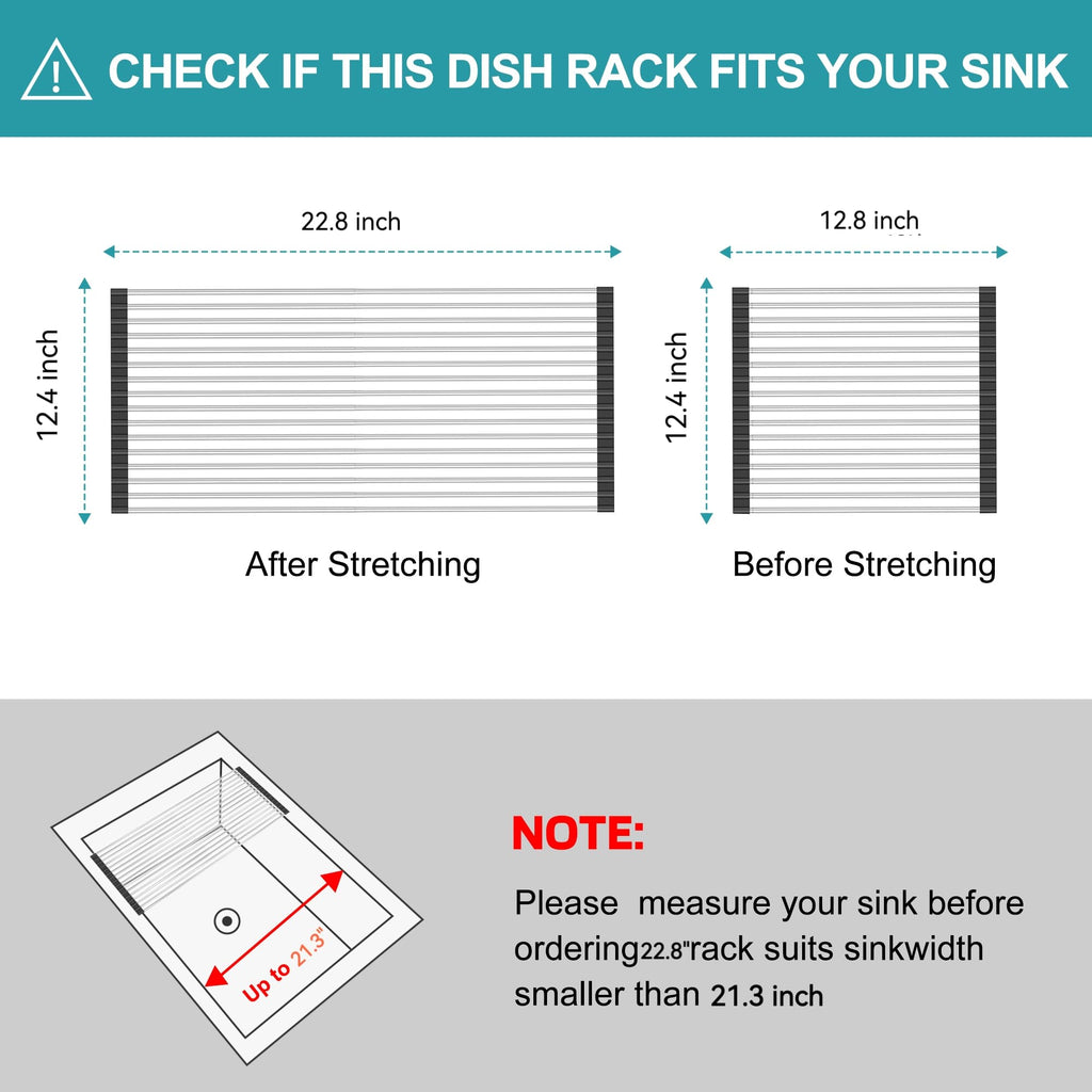 BBXTYLY Extra Large Expandable Roll Up Dish Drying Rack,Over The Sink Drying Rack Sink Cover Kitchen Sink Accessories Kitchen Rolling up Stainless Steel Drainer, Foldable,Rollable（Black，22.8''-12.4''）