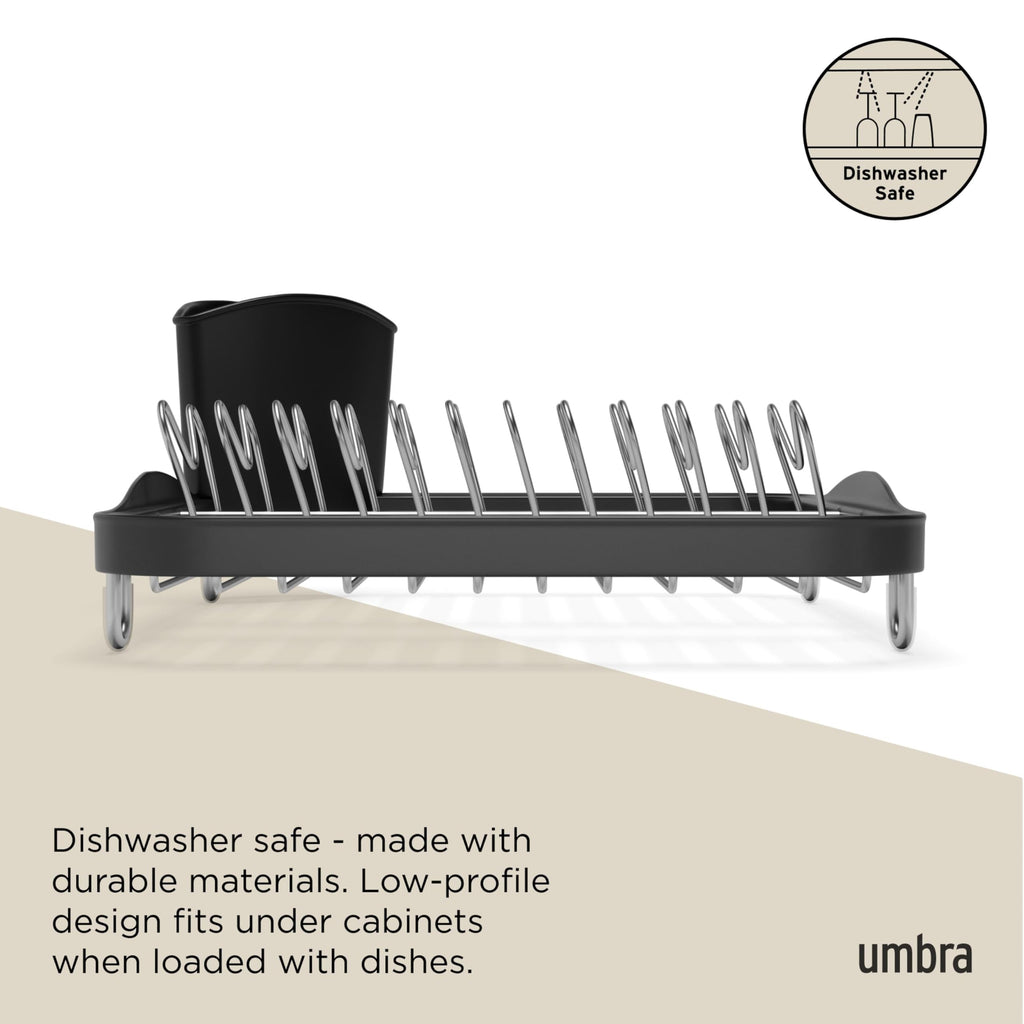 Umbra Sinkin Dish Drying Rack – Drainer Caddy with Removable Cutlery Holder – Use in Sink or On Counter, Standard, Black/Nickel
