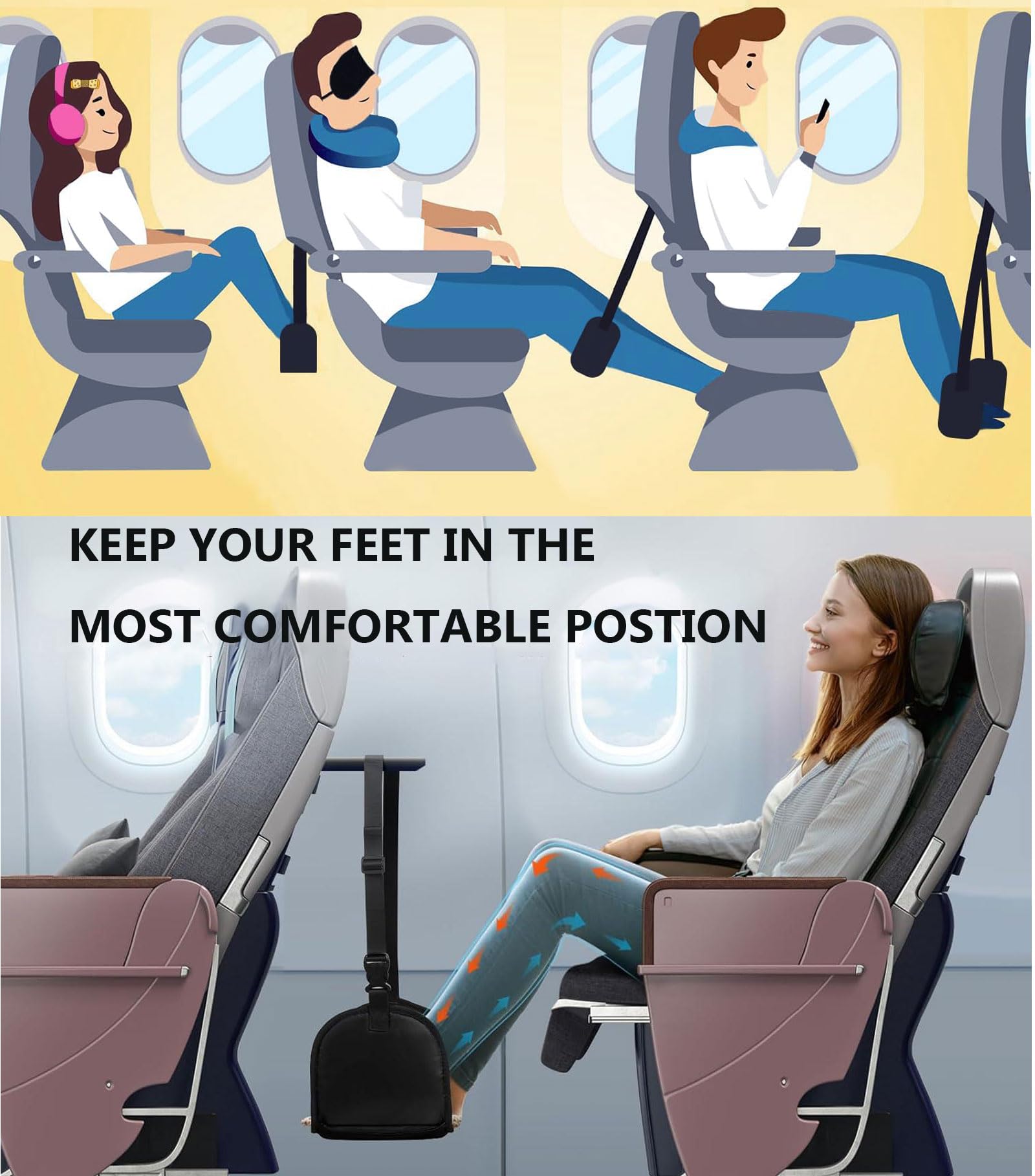 Airplane Foot Hammock with Support, Comfortable Travel Essentials for Long Flight Plane Trip, Adjustable Memory Foam Foot Leg Rest, 1 Pack