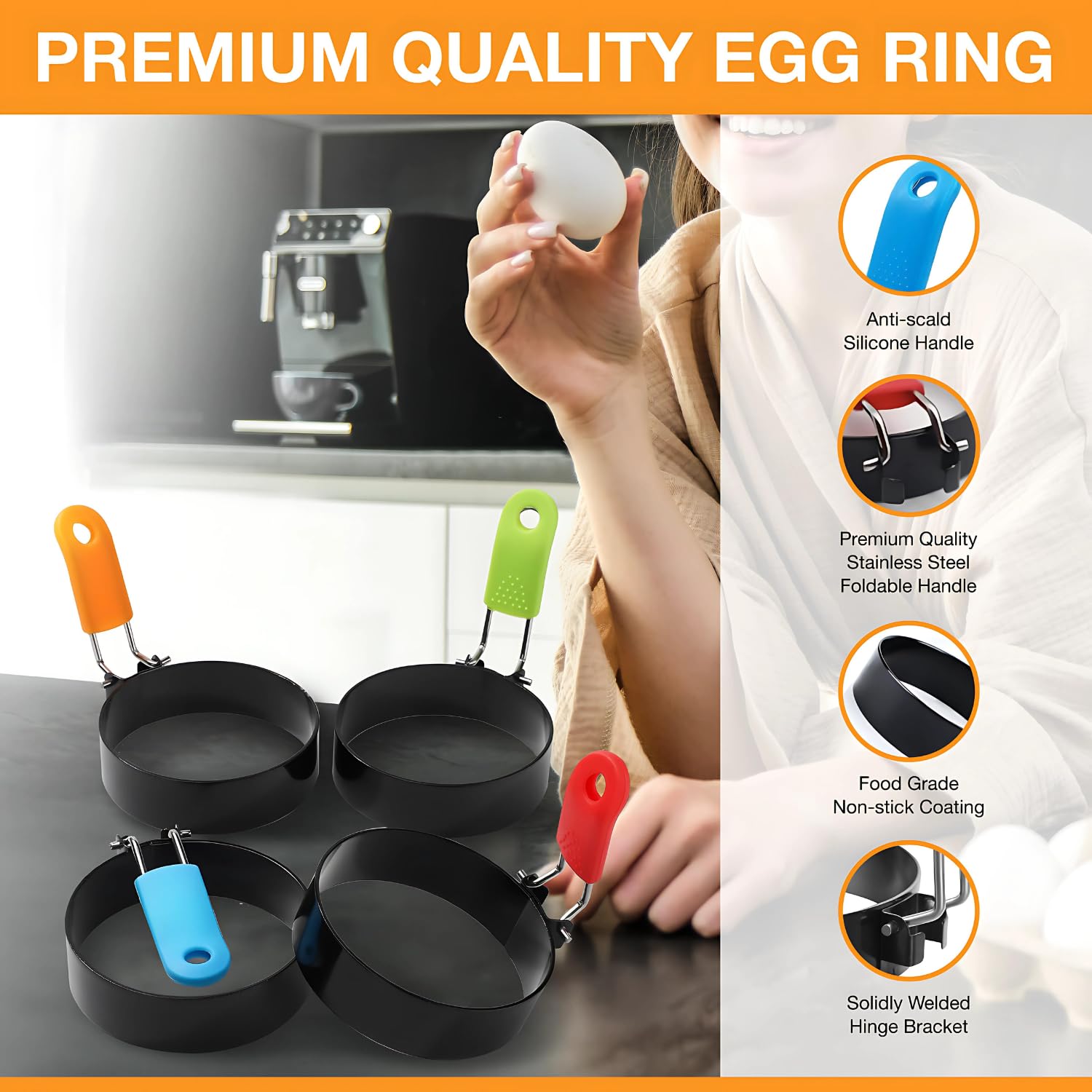 YOLKIEE Egg Rings, 4-Pack, Non-Stick Egg Ring with Oil Brush, Stainless Steel with Anti-Scald Multi-Color Silicone Handle, Round Mold Shaper for Frying Eggs and McMuffins