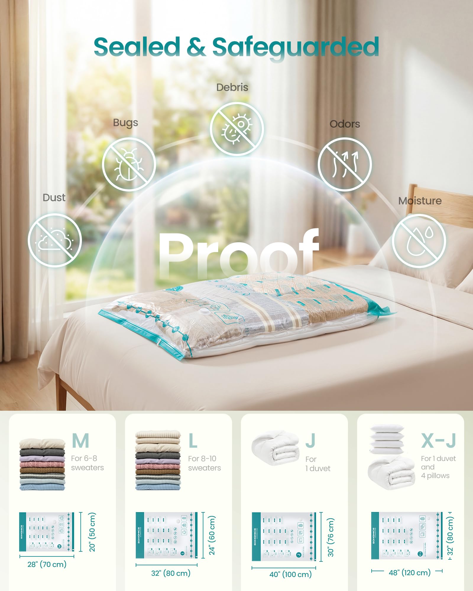SONGMICS Vacuum Storage Bags, Rechargeable Portable Electric Pump, Space Saver Vacuum Seal Suction Bags for Clothing Travel Bedding Comforters, Reusable, 15 Pack, 3M/4L/4J/4X-J, Transparent