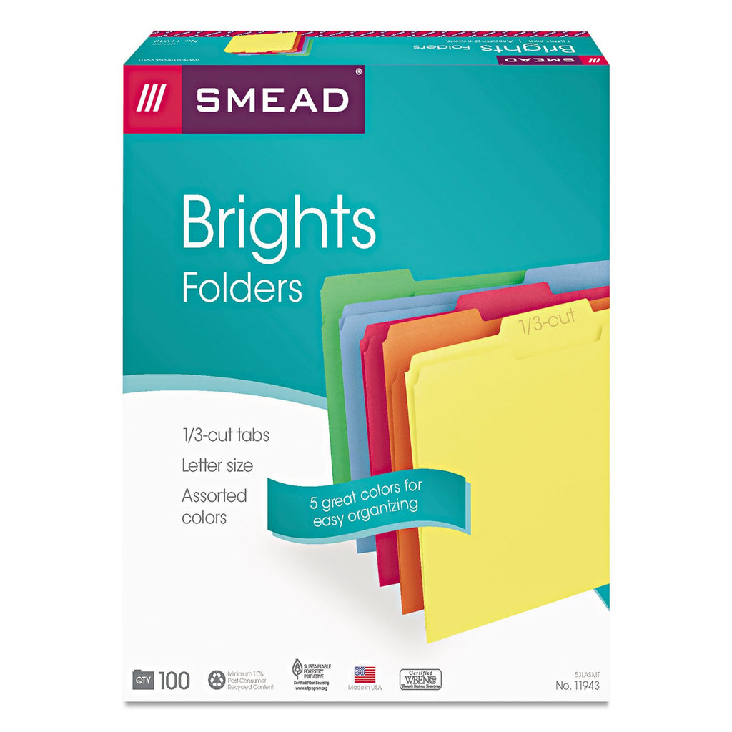 Smead File Folders, 100-Pack, Letter Size, 1/3-Cut Tab, Primary Assorted Colours, Blue Green Orange Red Yellow, Colour-Coded Filing for Home Office, School and Business Organization