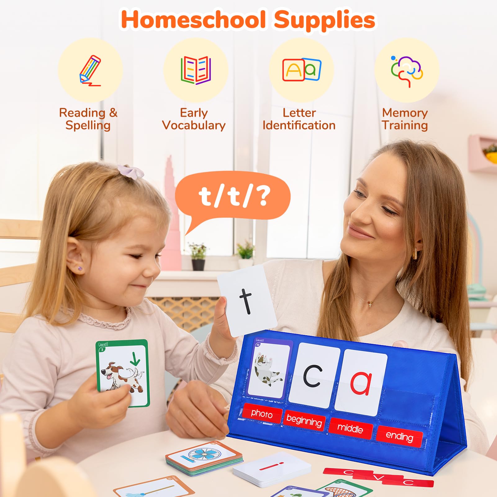 Gamenote Word Building Desktop Pocket Chart Tent Cards Kit - CVC Words Phonics Games Blending Board for Kindergarten Reading and Spelling