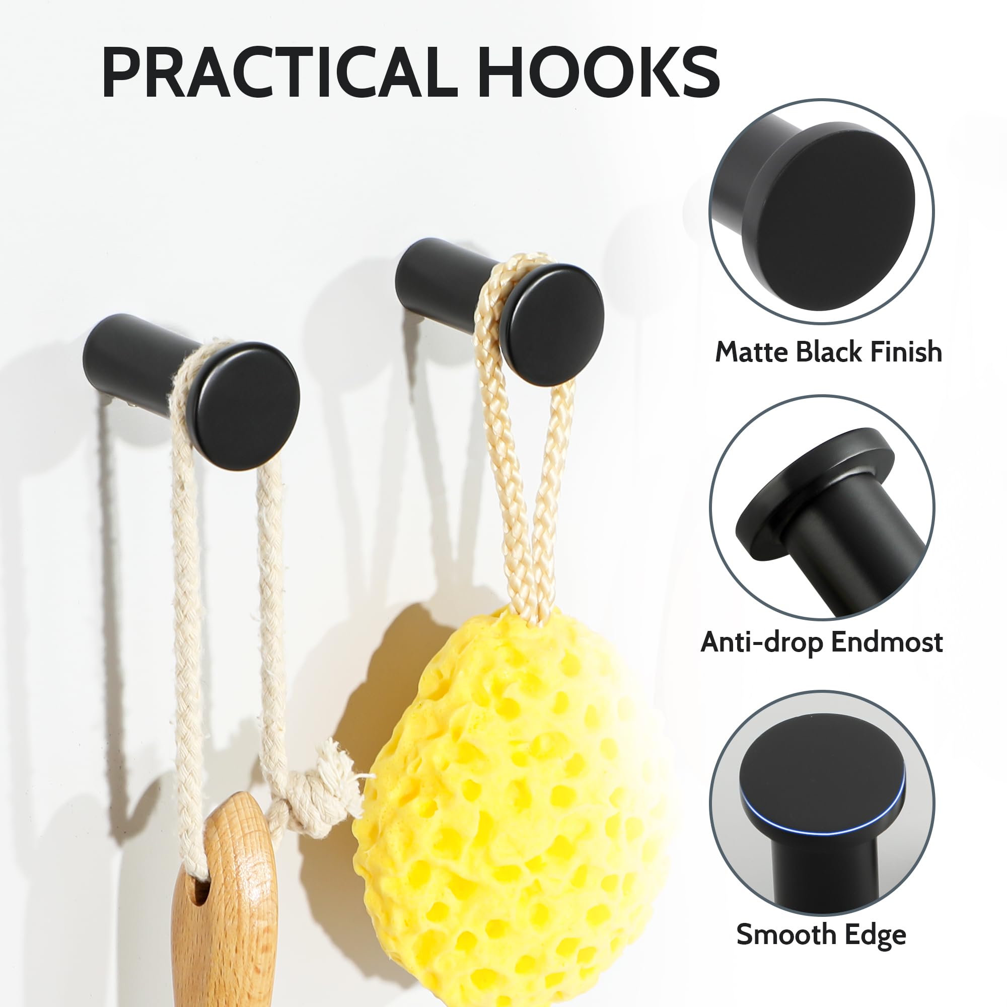 SAYAYO Black Towel Hooks Coat Hooks Wall Mounted 4 Packs Wall Hooks for Hanging, Heavy Duty 304 Stainless Steel Bathroom Hooks Up to 33 lbs for Outdoor, Bedroom, Kitchen, Hotel Door, GOY001Y