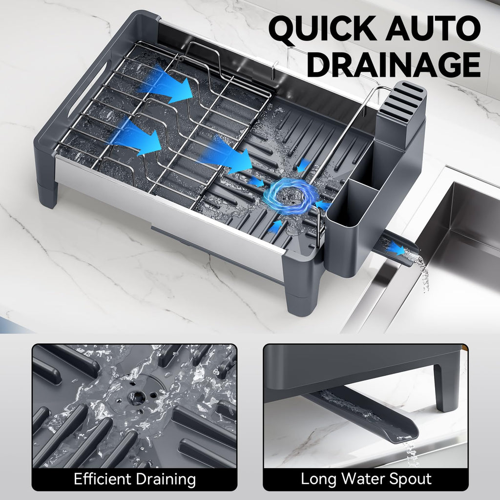Urackify Expandable Dish Drying Rack, Stainless Steel Dish Rack with Aluminum Frame, Dish Drainer for Kitchen Counter, Space Saving Kitchen Drying Rack with Movable Utensil Holder, Gray