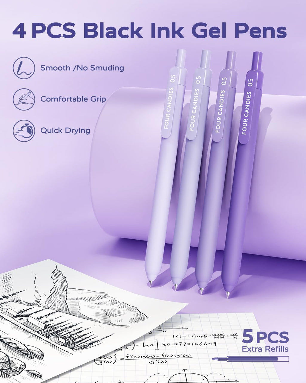 Four Candies Aesthetic School Supplies, 4 Gel Pens with Black Ink, 4 Correction Tape, 2 Pastel Highlighters, 2 Mechanical Pencils, Sticky Notes, Index Post for Back to School Supplies with Case Purple