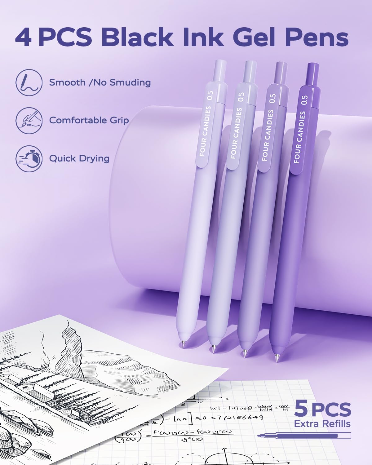 Four Candies Aesthetic School Supplies, 4 Gel Pens with Black Ink, 4 Correction Tape, 2 Pastel Highlighters, 2 Mechanical Pencils, Sticky Notes, Index Post for Back to School Supplies with Case Purple