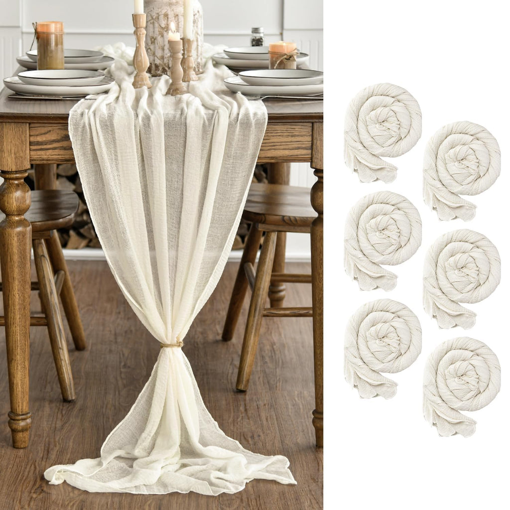 Artoid Mode Boho Beige Gauze 6 Pieces Wedding Table Runner, 300 cm Birthday Fabric Kitchen Dining Holiday Table Decor for Home Party Indoor
