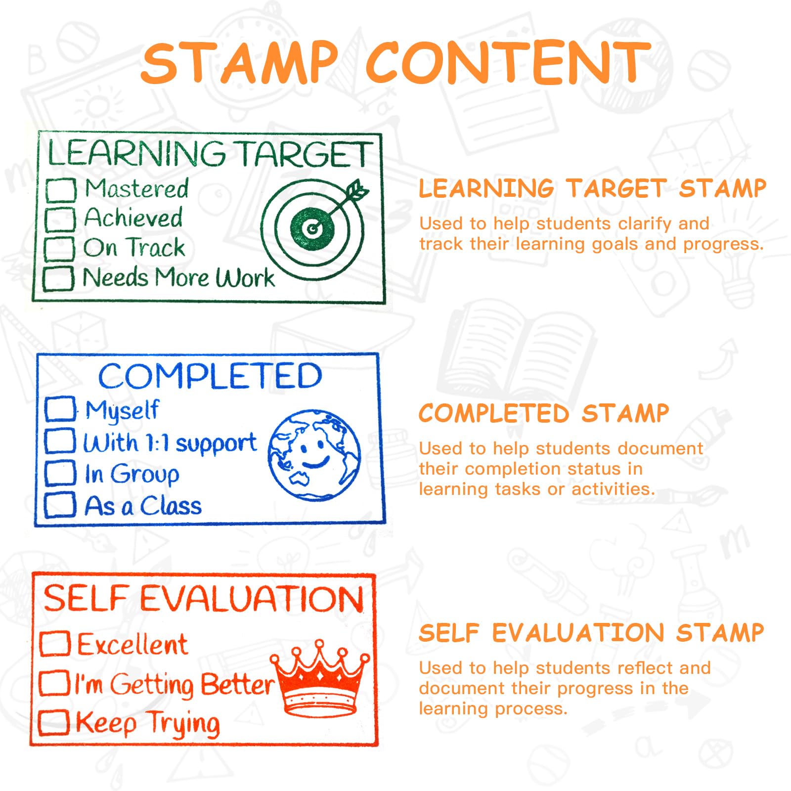 3 Teacher Stamps Self Inking, Pre-Inked Teacher Stamp for Grading, Educator Completed with Support Teacher Stamps Set, for Teacher Gifts Supplies School Essentials Office Stationery Must Haves Stamps
