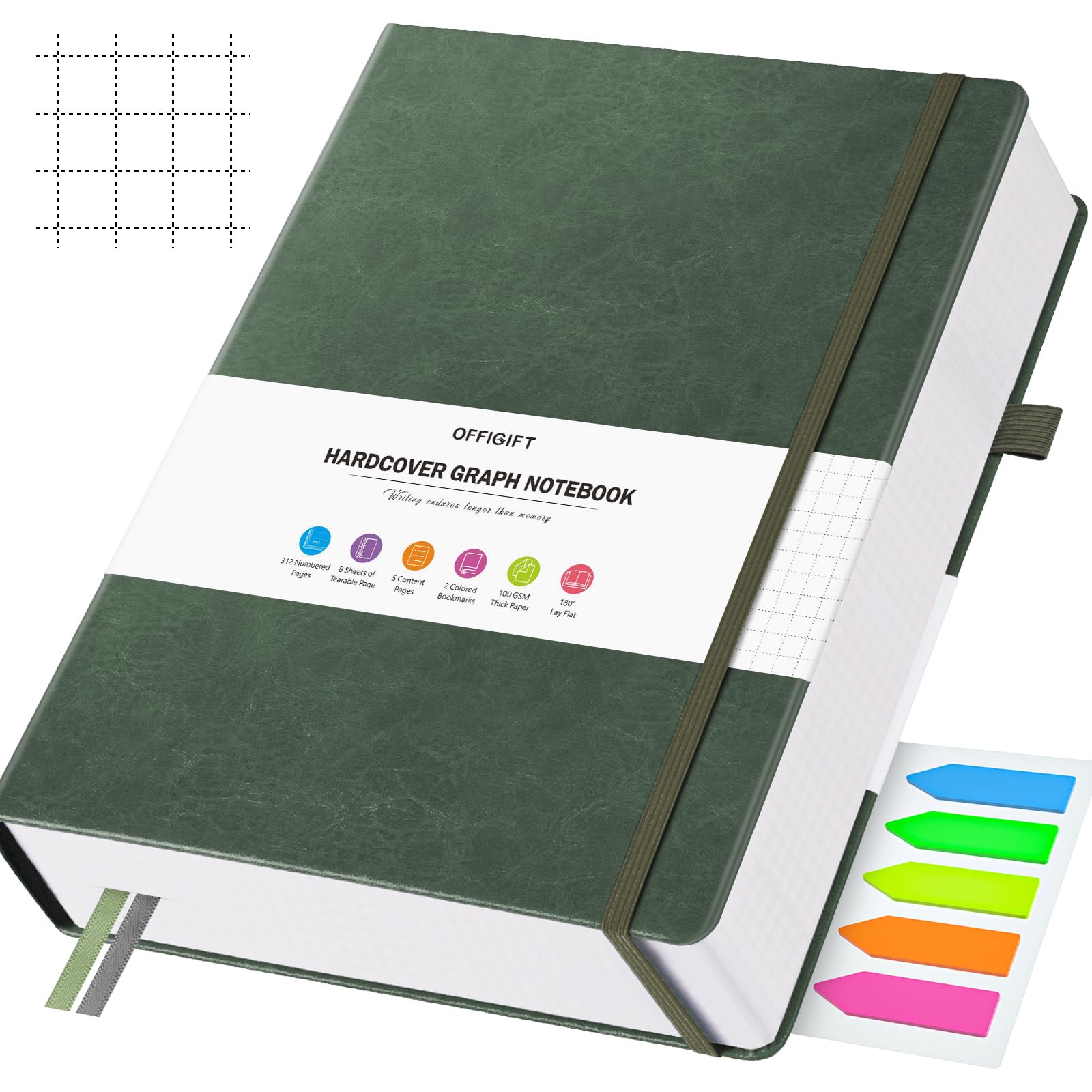 Graph Paper Notebook, 312 Numbered Pages Large A5 Hardcover Leather Journal, 100gsm No Bleed Grid Paper Notebook with Index Pages, Grid Notebook for Graphing Notes Math, 5.75" x 8.38", Green