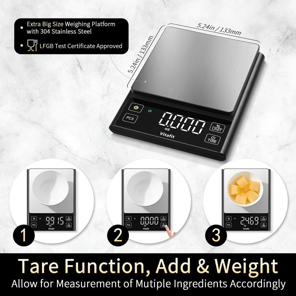 Vitafit 11lb Food Scale, High Accuracy 0.0001lb by Our Professional Factory Since 2001, Digital Kitchen Scale with% Percentage Function Cooking,Baking&Coffee, Stainless Steel, Big LED, Black