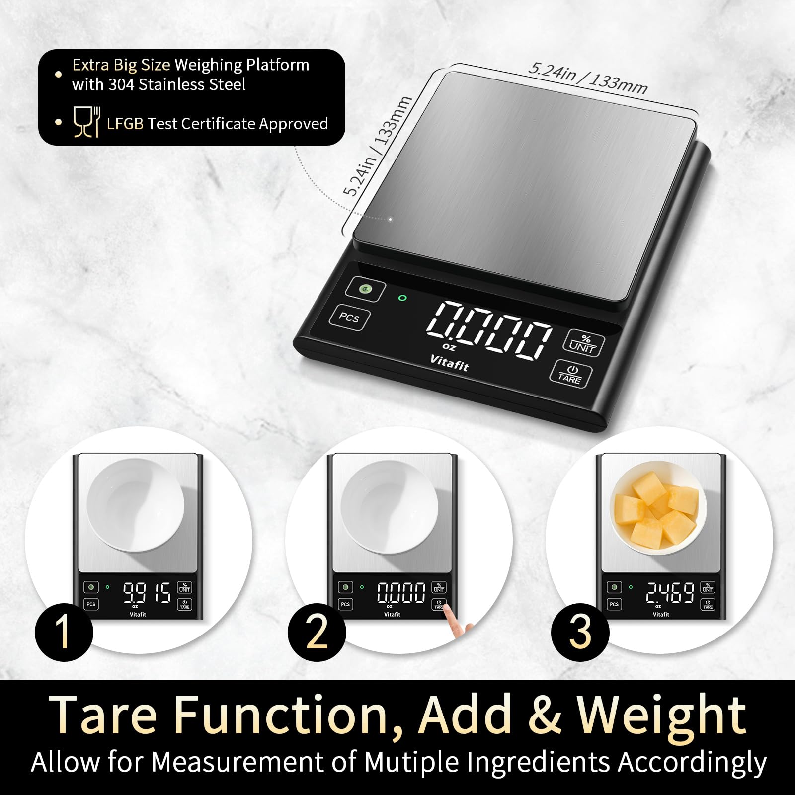 Vitafit 11lb Food Scale, High Accuracy 0.0001lb by Our Professional Factory Since 2001, Digital Kitchen Scale with% Percentage Function Cooking,Baking&Coffee, Stainless Steel, Big LED, Black
