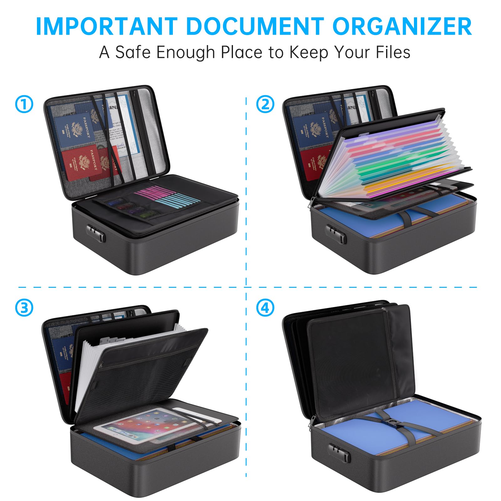 ENGPOW 5200℉ Fireproof File Organizer Bag with 13 Pocket Accordion File Folder,Document Organizer Box with Lock&Labels,Multi-Layer Portable Home Travel Safe Storage Box for Important Documents,Files
