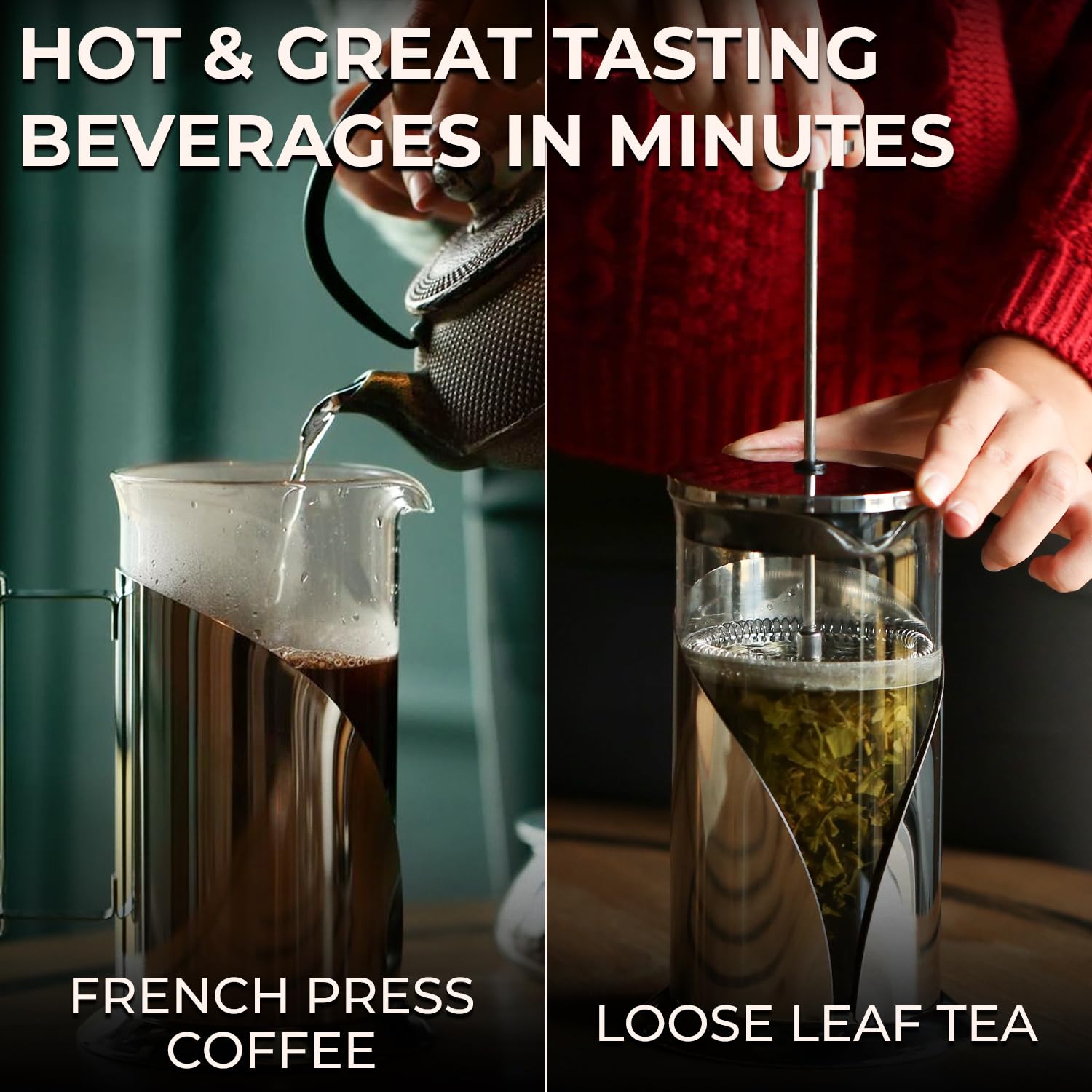 French Press Coffee Maker 34oz – Stainless Steel & Glass Coffee Press with 4-Level Filtration, BPA-Free Cafetiere for Camping or Home – Large, Durable for Hot & Cold Brew