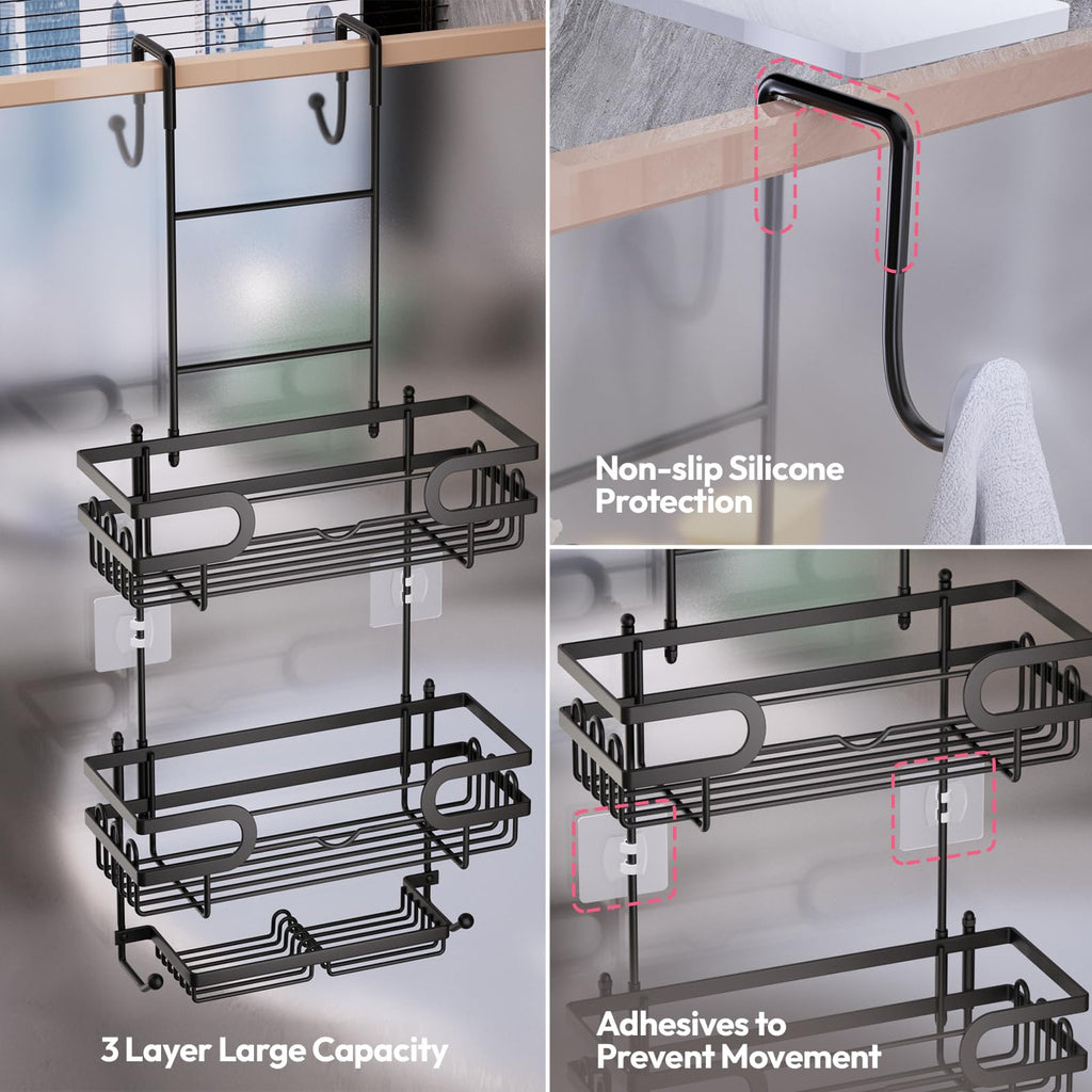 SWTYMIKI Shower Caddy Hanging Over the Door, 2 Tier Bathroom Shelf + 2 Soap Holders, Shower Shelf Organizer with 14 Hooks for Shampoo, Towels, Soap, No Drilling, Rustproof & Waterproof, Black