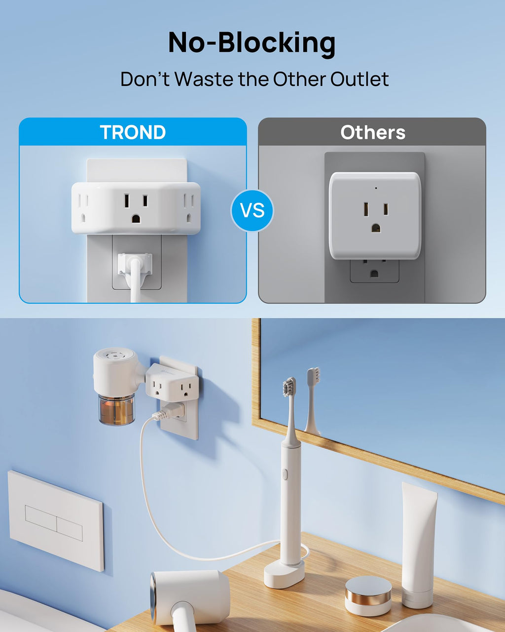 TROND 2 Pack Multi Plug Outlet Extender, 3 Way Angled Outlet Splitter, Cruise Ship Travel Essentials, Power Mutiplug Expander, Small Multiple Wall Plug for Home Office Dorm Room Accessories, White