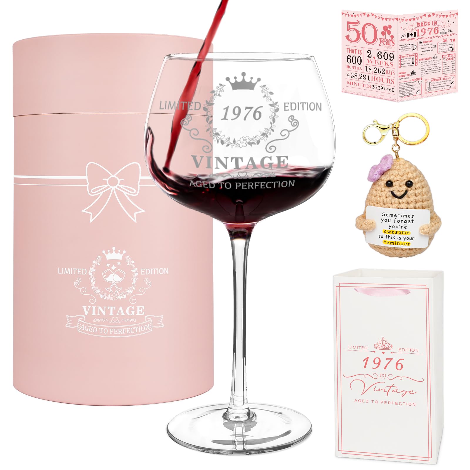 50th Birthday Gifts for Her,Vintage 1976 Platinum Print Wine Glass, 50th Birthday Decorations for Women, 1976 50 Year Old Gift Ideas for Women, Wife, Friends - 16Oz Wine Glass