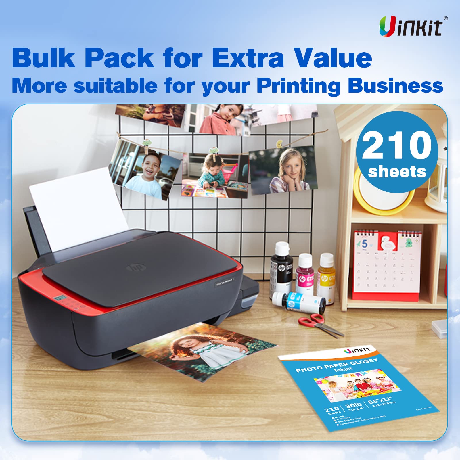 Uinkit 30lb Thin Flyer Glossy Photo Paper 8.5x11 Inkjet Single Side DIY Chip Bag 115gsm 210 Sheets Photos Picture for Inkjet Printer with Dye Ink Letter Size A4 Brochure (8.5x11x100) (210)