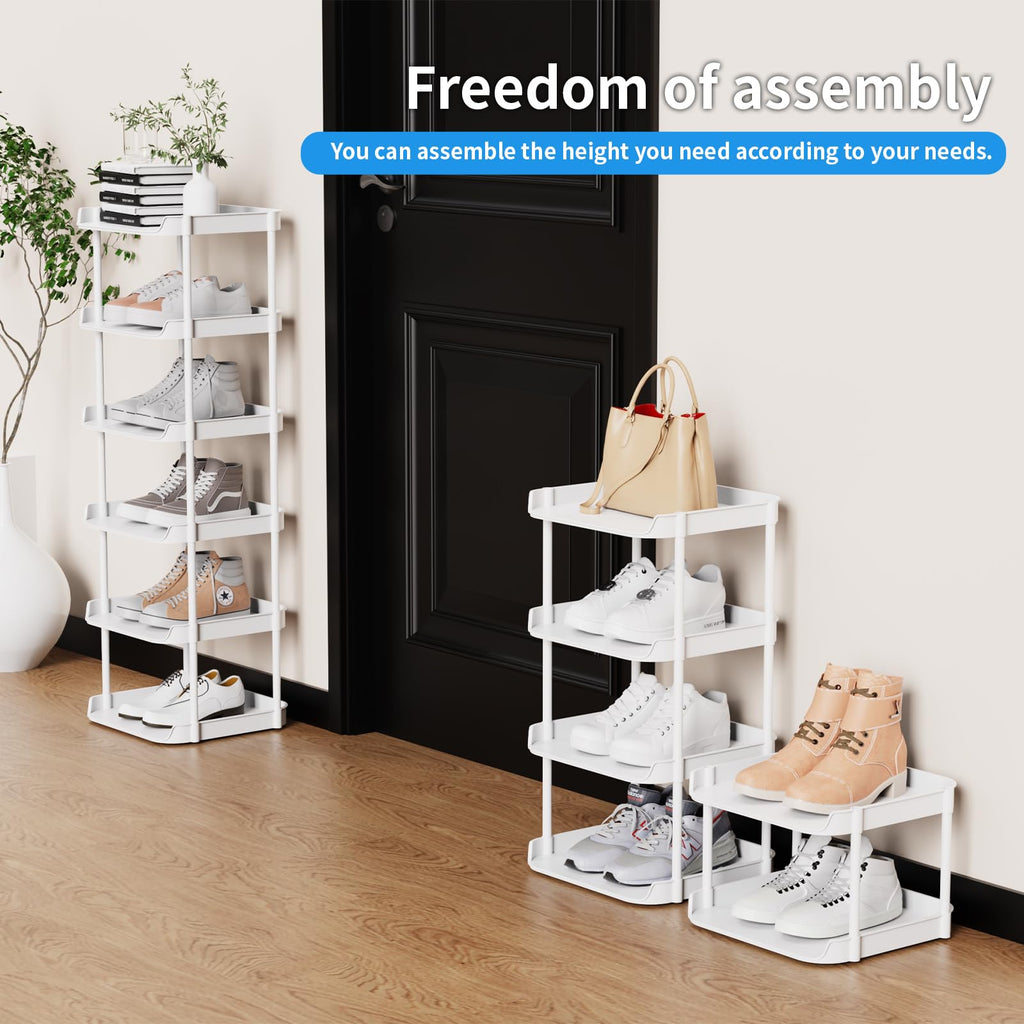 Altdnmaf Narrow Shoe Storage Rack, Compact Single Shoerack Stand for Slim Space, Stackable Tall Thin Show Tower, Solid Plastic Shelves, for Hallways, Kitchens, Bedrooms Tidy Organizer (White, 6 Tier)