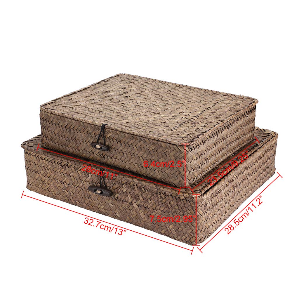 BTSKY Set of 2 Pack Woven Storage Baskets with Lids, Straw Wire Storage Organizer for Home/Office Supplies Such as Towels, Clothing, Cosmetics and Letters (Coffee)