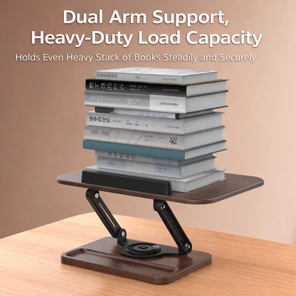 Wooden Book Stand for Reading with 360° Rotating Base, Adjustable Book Stand with Page Clips, Cookbook Stand for Kitchen Counter, Book Holder for Desk, Textbook, Tablet & Recipe Books
