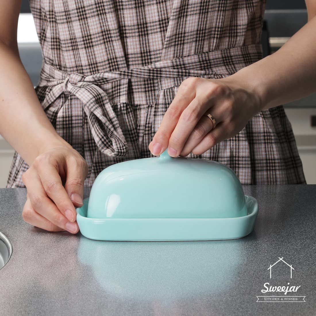 Sweejar Ceramic Butter Dish with Lid, Butter Keeper Container, East/West Coast Butter, 7 inches Butter Storage for Countertop (Turquoise)