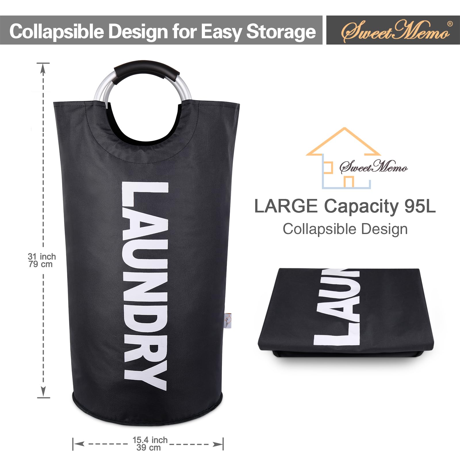 SweetMemo Large Laundry Hamper Collapsible 95L，Tall Laundry Basket with Handles, Freestanding Clothes Hamper Bag – Dirty Fabric Laundry Bin for College Dorm Laundry Room, Sturdy, Lightweight – (Black)